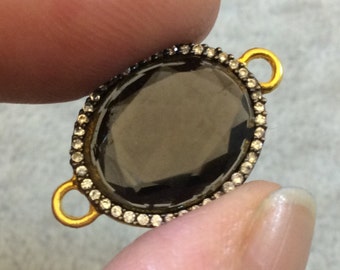 Gold Finish Faceted CZ Rimmed Smoky Quartz Oblong Oval Shaped Bezel Connector Component - Measures 13mm x 16mm - Sold Individually