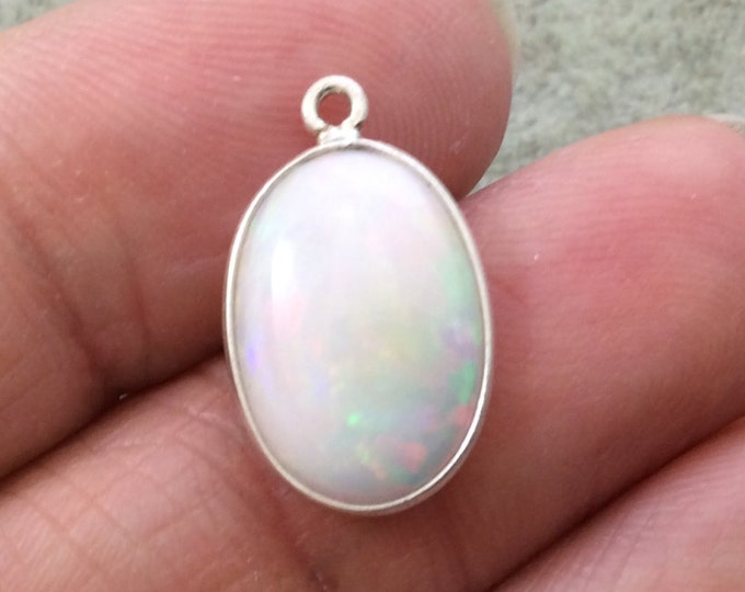 Single OOAK Sterling Silver Smooth Semi-Opaque Rainbow Genuine Ethiopian Opal Vertical Oval Shaped Bezel Pendant - Measuring 11mm x 15mm