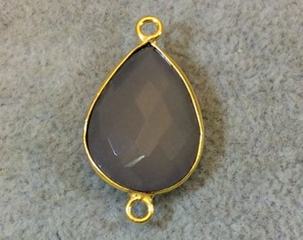 Gold Plated Faceted Natural Semi-Opaque Gray Chalcedony Pear/Teardrop Shaped Bezel Connector - Measuring 15mm x 20mm - Sold Individually