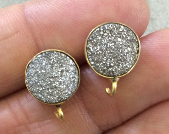 One Pair of Bright Silver Color Coated Natural Druzy Round Shaped Gold Plated Stud Earrings with Attached Jump Rings - Measuring 10mm x 10mm