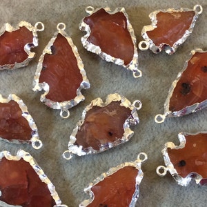0.75-1.25&quot; Silver Finish Arrowhead Shaped Electroplated Carnelian Connector - Measuring 20mm-30mm Long - Sold Individually, Randomly Chosen