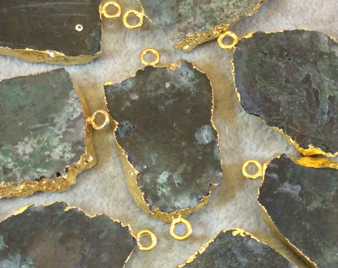 Gold Electroplated Green Moss Agate Freeform Slice/Slab Focal Connector - Measuring 25mm x 35mm Approximately - Sold Individually, Random