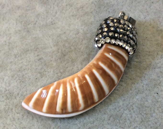 Pave Rhinestone Encrusted Curved Tusk Shaped Shell Pendant with Gray/White Rhinestones and Attached Bail - Measuring 14mm x 45mm, Approx.