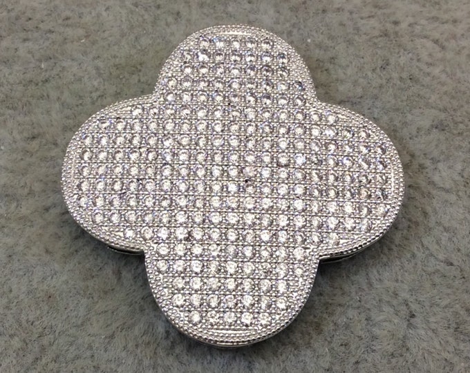 Silver Plated White CZ Cubic Zirconia Inlaid Flat Open Backed Quatrefoil/Clover Shaped Copper Slider with 2mm Hole - Measuring 32mm x 32mm