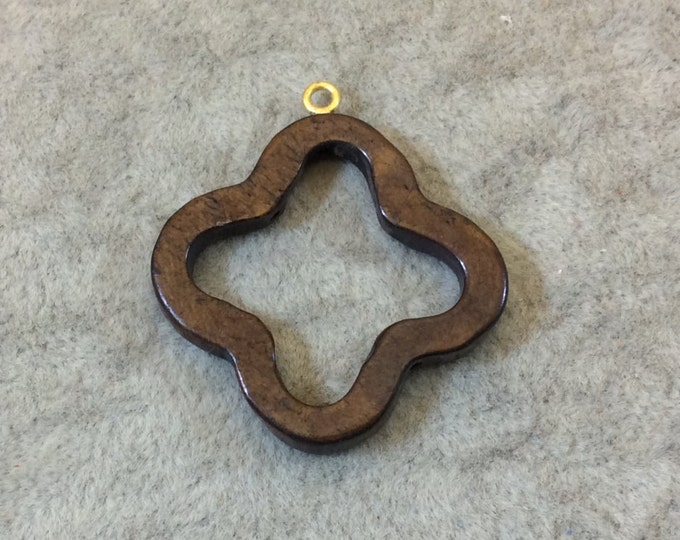 Small Dark Brown Open Quatrefoil Shaped Natural Ox Bone Focal Pendant with Attached Gold Suspension Ring - Measuring 28mm x 28mm, Approx.