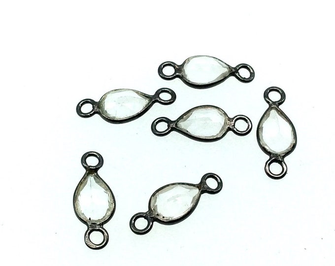 BULK PACK of Six (6) Gunmetal Sterling Silver Pointed/Cut Stone Faceted Teardrop Shaped Clear Quartz Bezel Connectors - Measuring 4mm x 6mm