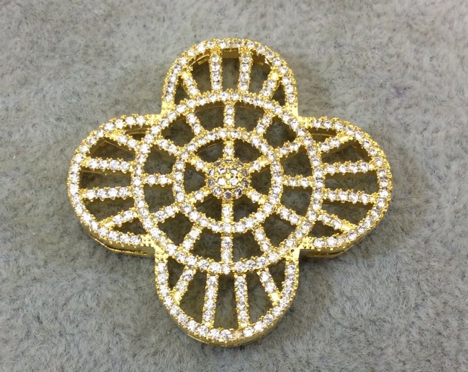 Gold Plated White CZ Cubic Zirconia Inlaid Flat Ornate Open Quatrefoil/Clover Shaped Copper Slider with 2mm Hole - Measuring 35mm x 35mm