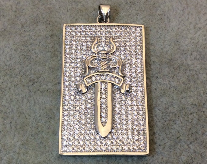 Silver Plated CZ Cubic Zirconia Inlaid Rectangle Shaped Cross Pendant - Measuring 23mm x 38mm  - Available in Three Colors, See Related!