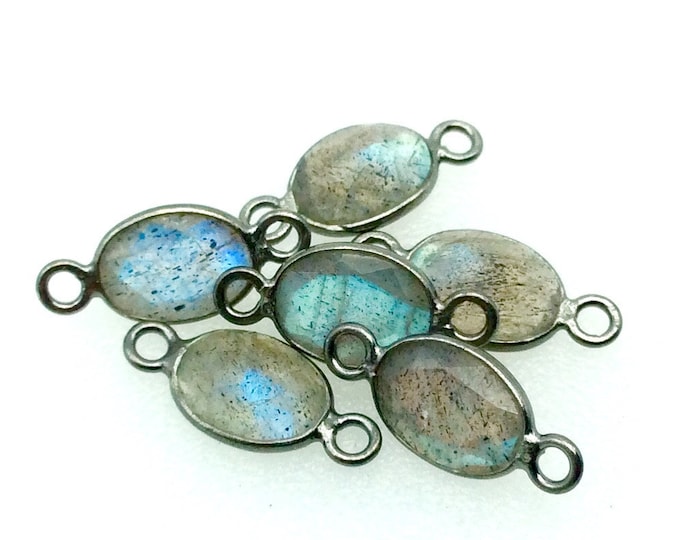 Labradorite Bezel | Gunmetal Sterling Silver Pointed/Cut Stone Faceted Oval Shaped Connectors - Meas 5mm x 7mm - BULK LOT - Pack of Six (6)