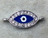 Small Blue Enameled Silver Plated Copper Rhinestone Inlaid Evil Eye Shaped Focal Connector - Measuring 10mm x 18mm, Approximately