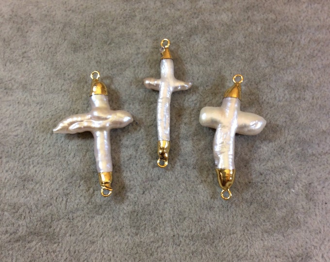 Large Natural Freshwater Pearl Freeform Cross Connector, Gold Plated, 20mm x 40mm Long Approx. Sold Individually, Randomly chosen.