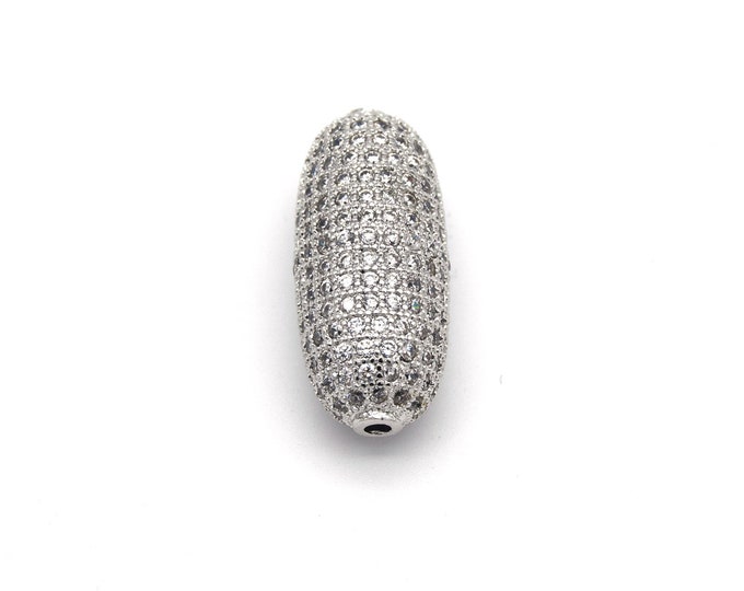 12mm x 28mm Silver Plated White CZ Cubic Zirconia Inlaid Rounded Barrel Shaped Copper Bead