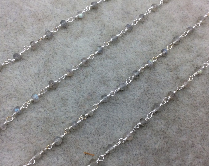 Silver Plated Copper Wrapped Rosary Chain W 4mm Faceted Natural Iridescent Gray Labradorite Rondelle Shaped Beads (CH095-SV)