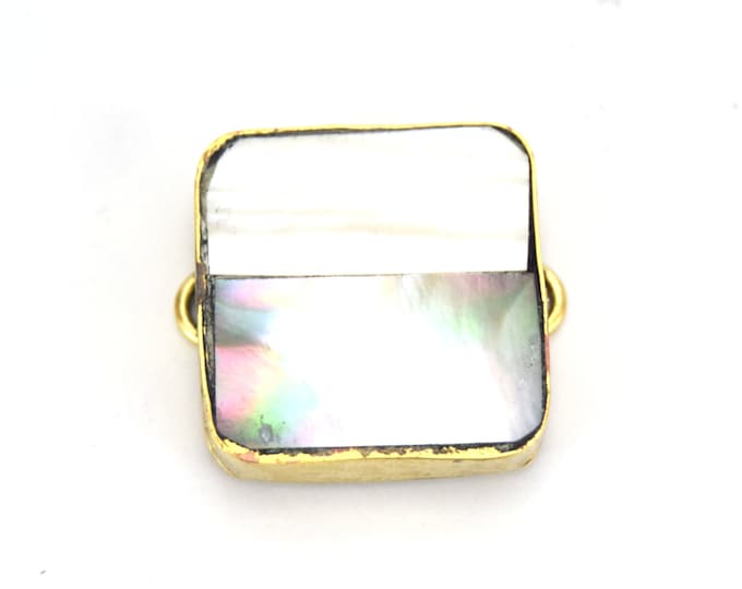 25mm Iridescent White & Gray Bi-Color Abalone Shell Square Gold Plated Bezel Connector
