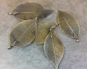 Large Brass Finish Electroplated Copper Leaf Pendants with Attached Bail - Measuring 60-70mm Long - Sold Individually