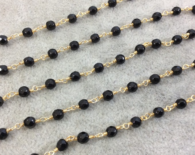 Gold Plated Copper Wrapped Rosary Chain with 4mm Faceted Natural Jet Black Agate Round/Ball Beads - Sold by 1' Cut Sections or in Bulk!