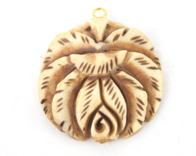 38mm x 40mm - Light Brown - Hand Carved Rose - Round Shaped Natural Ox Bone Pendant