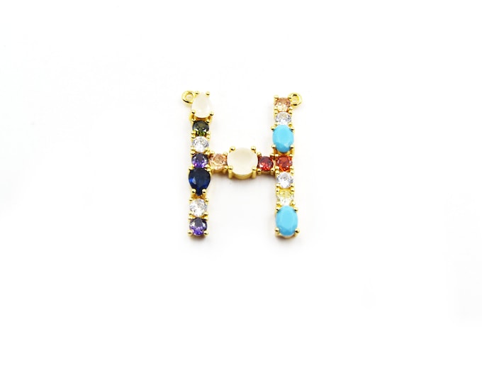 Gold Alphabet Rhinestone Pendant | Letter H Multi-color Rhinestone Pendant with Two Loops - 25mm x 35mm