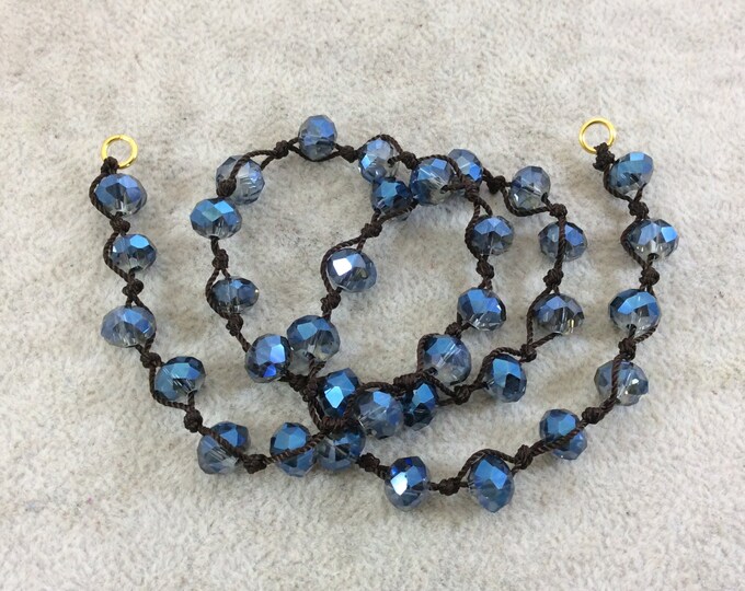 Chinese Crystal Beads | 18" Dark Brown Thread Necklace Section with 8mm Faceted AB Finish Rondelle Shaped Trans. Dark Denim Blue Glass Beads