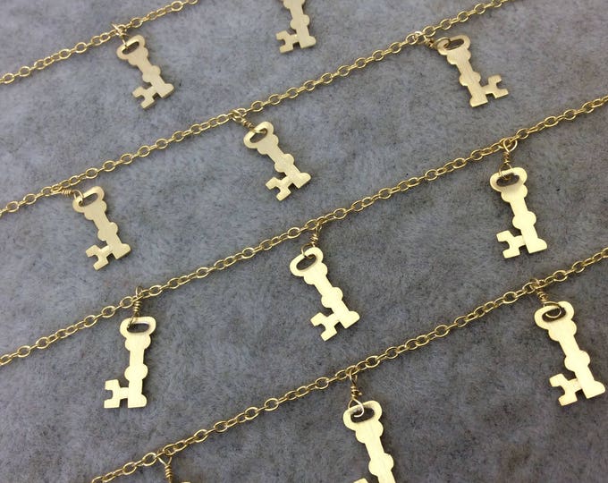 Gold Plated Copper Spaced Single Dangle Wrapped Chain with 6mm x 12mm Gold Skeleton Key Shaped Dangles - Sold by 1 Foot Length! (SD002-GD)