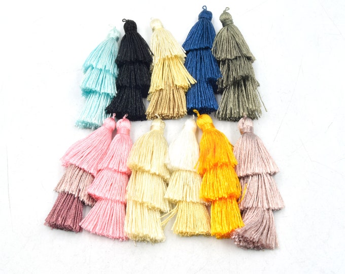 Tassels | 2 inch Three Tiered Tassel | Silk/Polyester Threaded | Layered Tassel | Jewelry Tassel Charm Pendant- Pink, Blue, Black, White