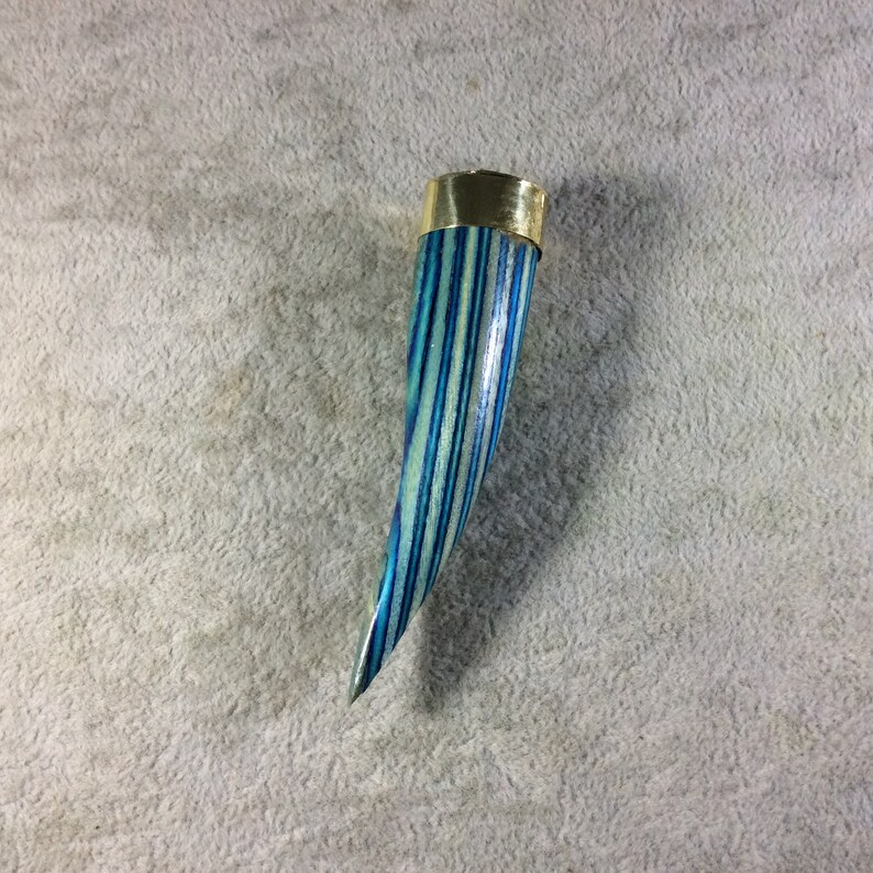 3.5 GreenBlue Striped Round TuskClaw Shaped Dyed Wooden Pendant with Gold Plated Cap TR040-BL Approx. Measuring 22mm x 90mm