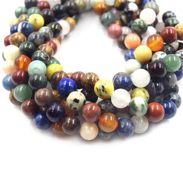 Mixed Gemstone Beads | Natural Smooth Round Gemstone Beads | 4mm 6mm 8mm 10mm 12mm | Beads By The Strand | Loose Beads