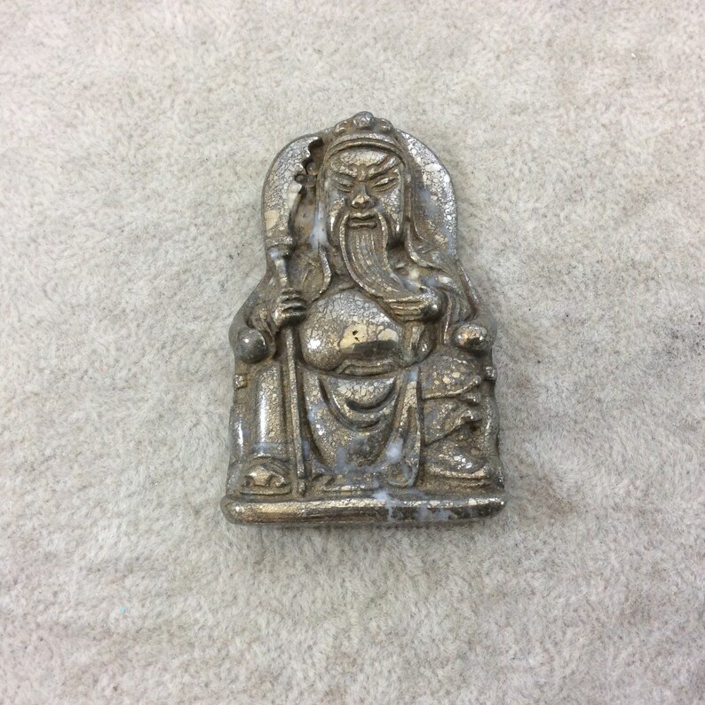 Approx Heavyweight Hand-Carved Guan Yu Shaped Natural Pyrite Pendant with 1mm Drilled Hole - Individual Measuring 36mm x 57mm Random