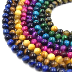 Tiger Eye Beads - Smooth Round Natural Gemstone Beads in Blue, Red, Brown, Golden, and Multi Colors (6mm 8mm 10mm 12mm 14mm) - 15&quot; Strands.
