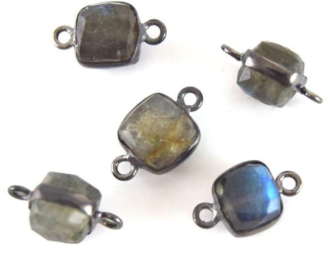 Labradorite Bezel | Gunmetal Finish Faceted Natural Iridescent Cube Square Shaped Plated Copper Bezel Connector Link - 8mm Sold Individually