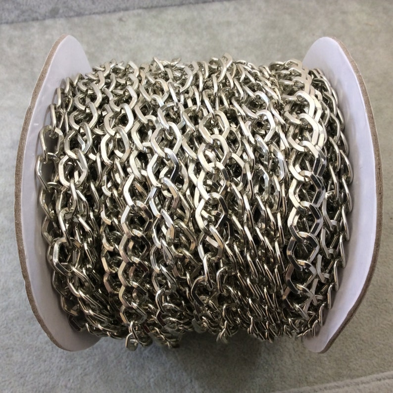 A1519 FULL SPOOL Three Finishes Available Silver Plated Aluminum Wide DiamondAngular Shaped Flat Link Curb Chain with 9mm x 11mm Links