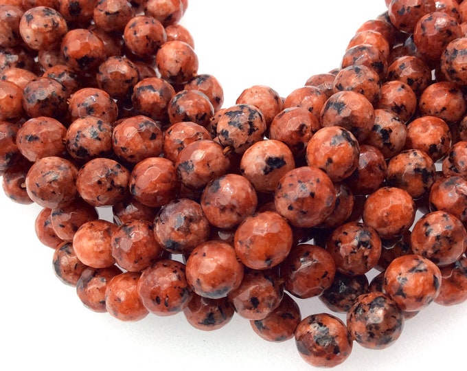 8mm Faceted Dyed Mottled Orange/Black Natural Jade Round/Ball Shaped Beads with 1mm Beading Holes - Sold by 15.25" Strands (~ 47 Beads)