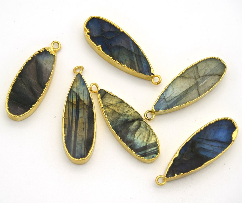 11mm x 30mm Gold Plated Natural Iridescent Long Teardrop Shaped Flat Pendant Blue Green Labradorite Bezel