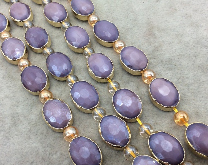 Chinese Crystal Beads | 12mm x 16mm Gold Electroplated Glossy Finish Faceted Opaque Orchid Purple Oval Glass Beads