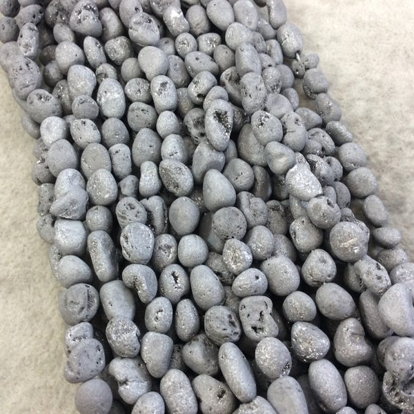 7-9mm Matte Finish Premium Metallic Silver Druzy Agate Freeform Nugget Beads with 1mm Holes - Sold by 15.75" Strands (Approx. 47 Beads)