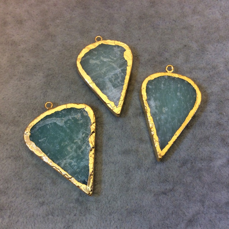 Randomly Selected Measuring 25mm x 35mm Gold Plated Electroformed Natural Amazonite Inverted Teardrop Shaped Pendant Sold Individually