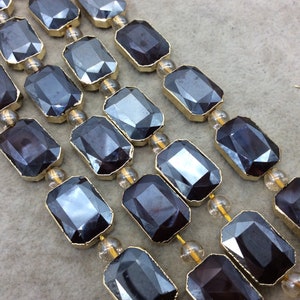 Chinese Crystal Beads | 13mm x 18mm Gold Electroplated Glossy Finish Faceted Opaque Black Ruby Rectangle Glass Beads