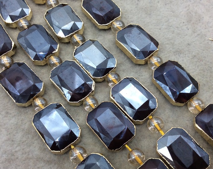 Chinese Crystal Beads | 13mm x 18mm Gold Electroplated Glossy Finish Faceted Opaque Black Ruby Rectangle Glass Beads