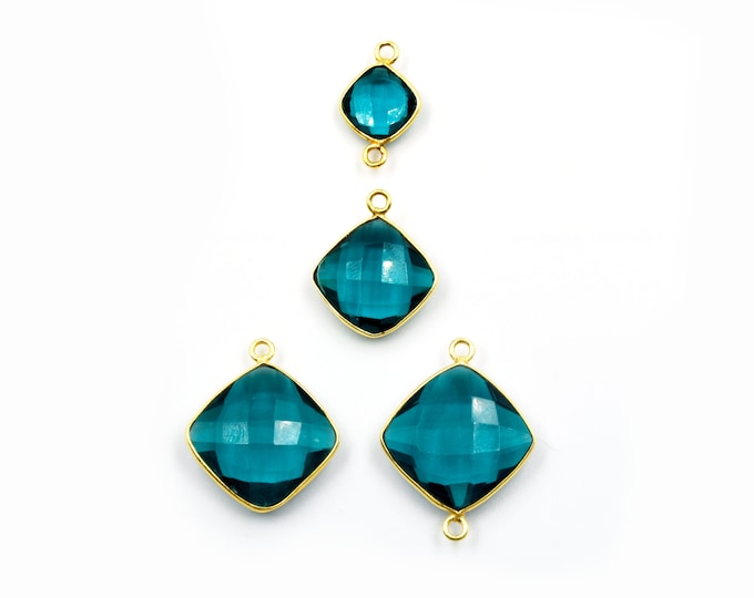 Teal Quartz Bezel | Gold Finish Faceted Transparent Diamond Shaped Pendant Connector Component | Sold Individually