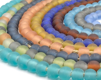 Recycled Glass Beads | 10-12mm Sea Glass Rondelle Strand, Handmade in Ghana