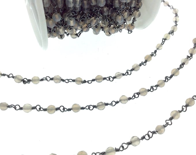 Gunmetal Plated Copper Rosary Chain with Faceted 4mm Round Shape Gray Agate Beads (CH218-GM) - Sold by the Foot! - Natural Beaded Chain