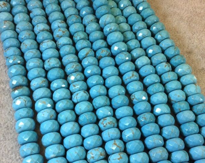 6mm x 10mm Faceted Synthetic Turquoise Rondelle Shaped Beads with 1mm Holes - 16" Strand (Approx. 66 Beads) - Synthetic Faux Gemstone