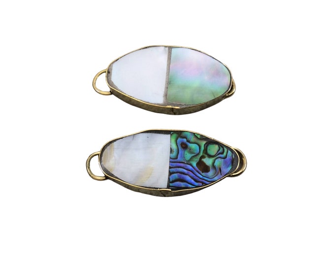 1" Iridescent White/ Rainbow Natural Bi-Color Abalone Shell Octagon shaped Gold Plated Bezel Connector - 16mm x 28mm, Approx.