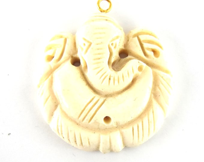 38mm x 40mm - White/Off White - Hand Carved Ganesha- Round Shaped Natural Ox Bone Pendant