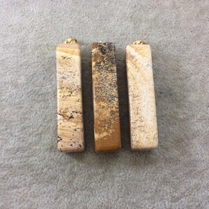 Natural Picture Jasper Rectangular/Block Shaped Pendant with Gold Plated Bail - Measuring 11mm x 53mm, Approx. - Sold Individually, Random