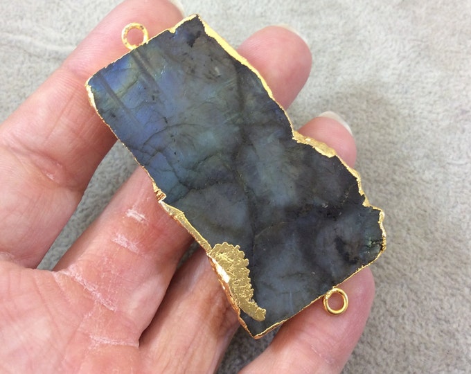 OOAK Gold Plated MATTE Natural Raw Iridescent Rainbow Labradorite Freeform Shaped Slice Connector - Measuring 36mm x 60mm, Approximately