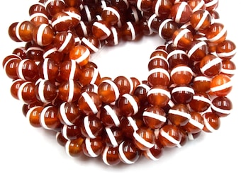 Tibetan Agate Beads | Dzi Beads | Dyed Smooth Red with White Striped  Round Gemstone Beads -6mm 8mm 10mm Available