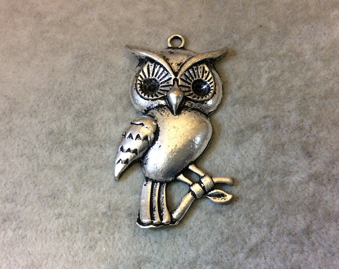 2.25" Long Tibetan Silver Owl Sitting On A Branch Shaped Focal Pendant with Attached Ring - Measuring 35mm x 60mm - Sold Individually