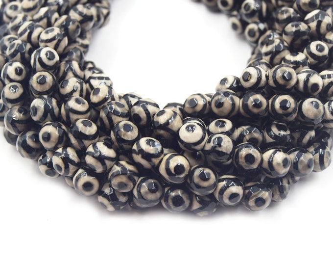 Tibetan Agate Beads | Dzi Beads | Dyed Cream Faceted Eye with Dot Round Gemstone Beads -6mm 8mm 10mm 12mm Available