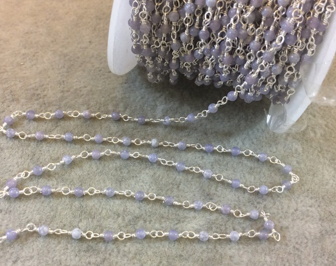 Silver Plated Wrapped Copper Rosary Chain with Glossy 2mm Round Shaped Natural Blue/Gray Agate Beads - Sold in 1' Increments - (CH041-GD)